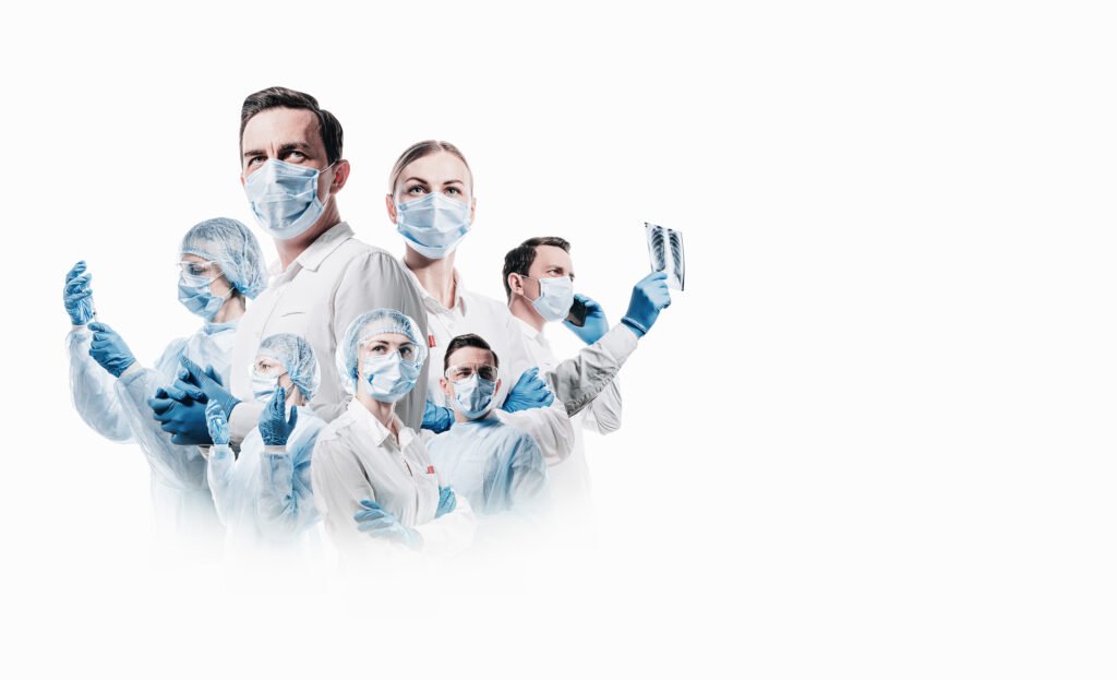 Home team of medical professionals on a white background